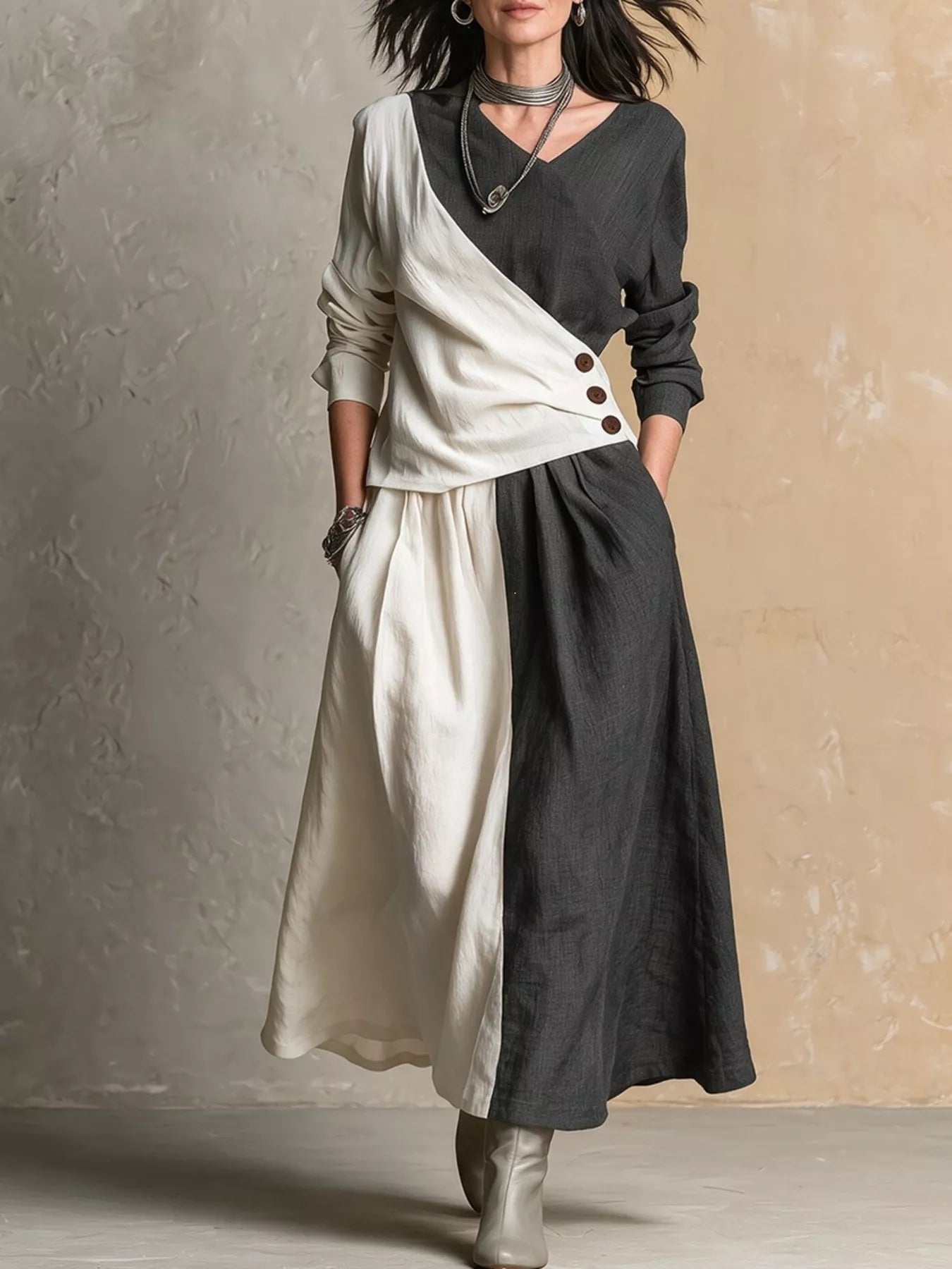 Trendsi Two-Tone Color Block V-Neck Long Sleeve Top and Maxi Skirt Set -