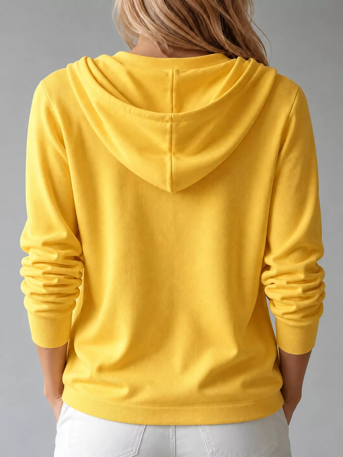 Hooded long sleeve cardigan, back view