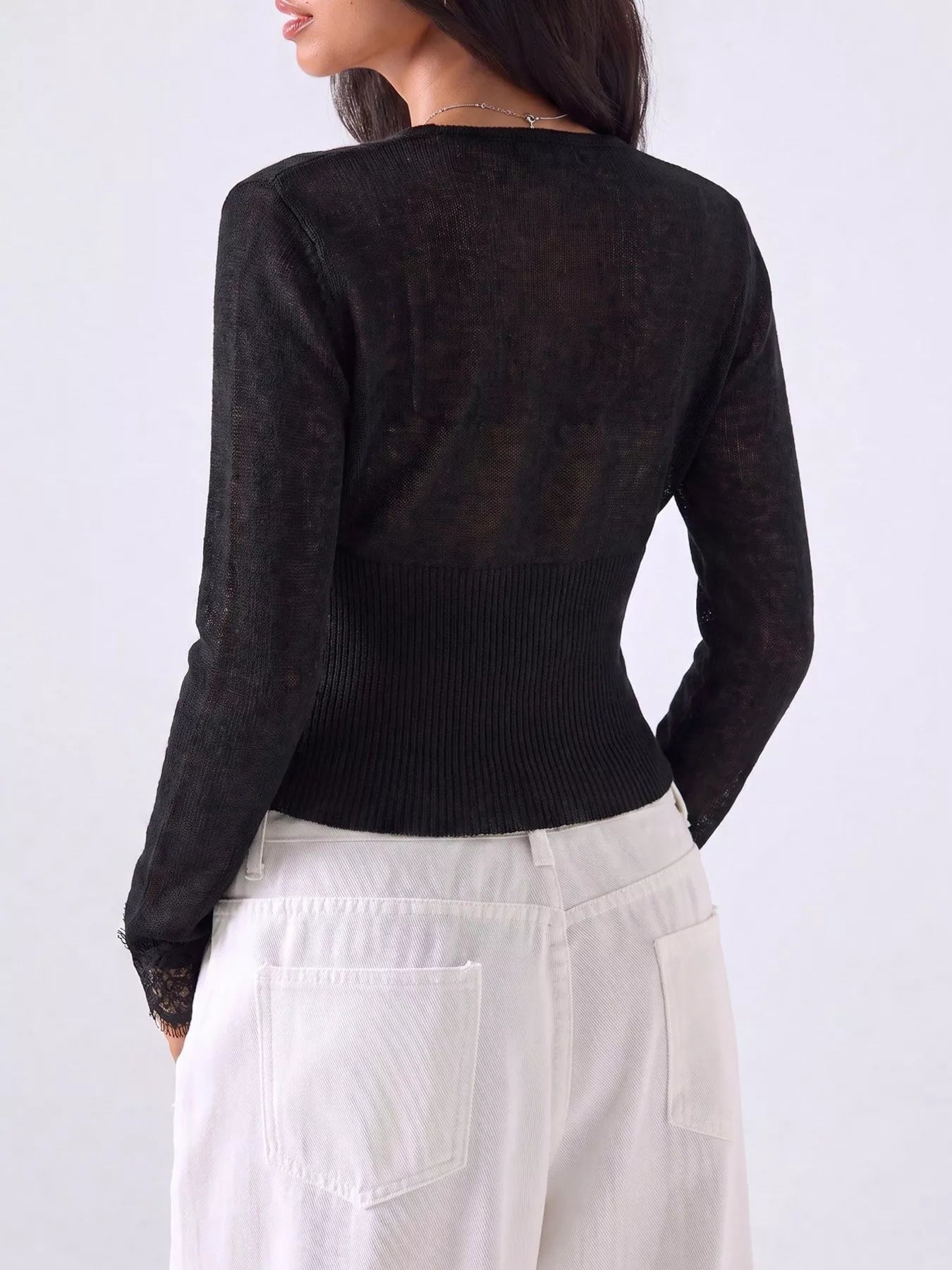 Trendsi Lace-Trimmed V-Neck Button-Down Cardigan -