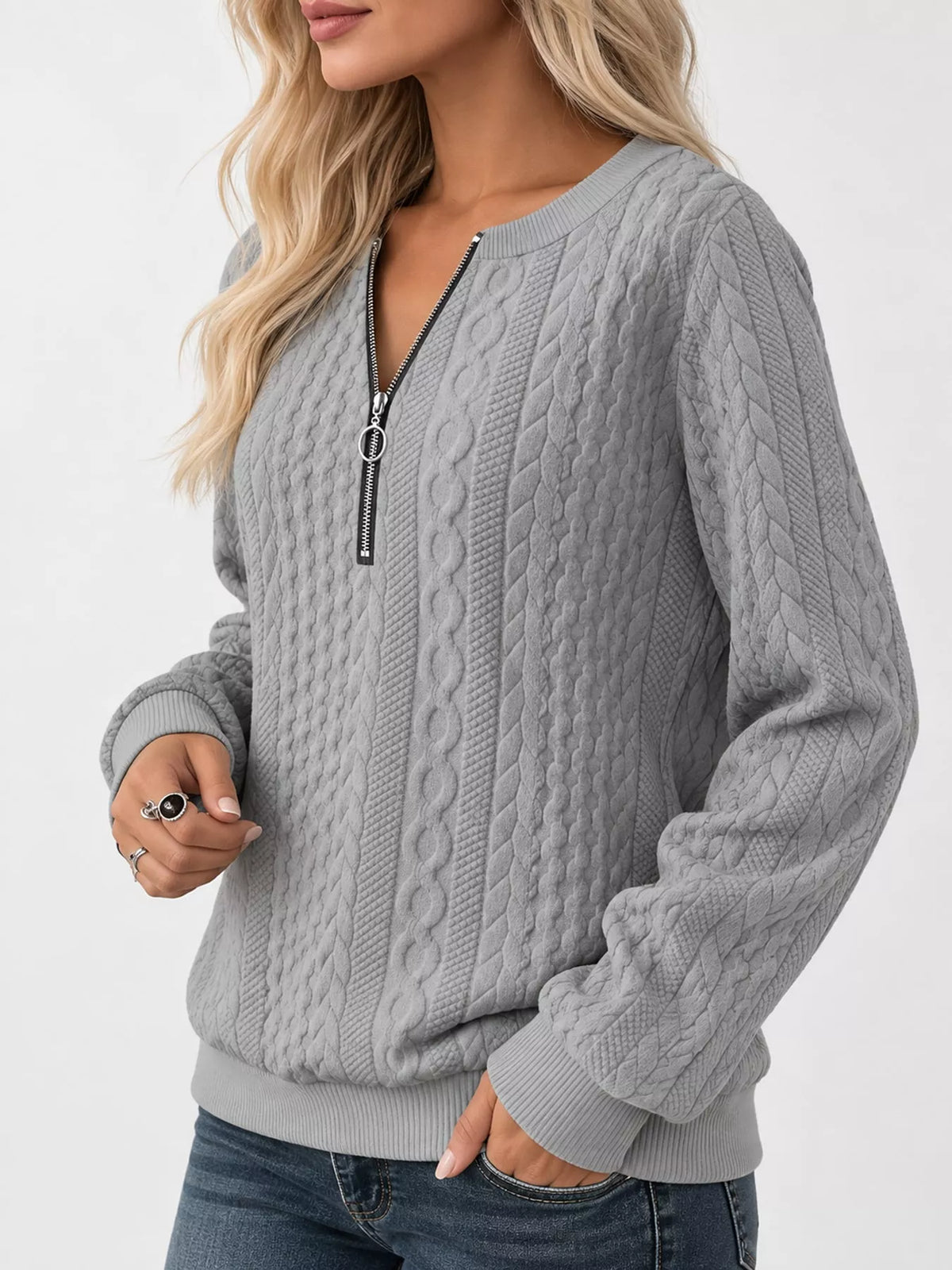 Quarter-Zip Cable Knit Sweatshirt — side view