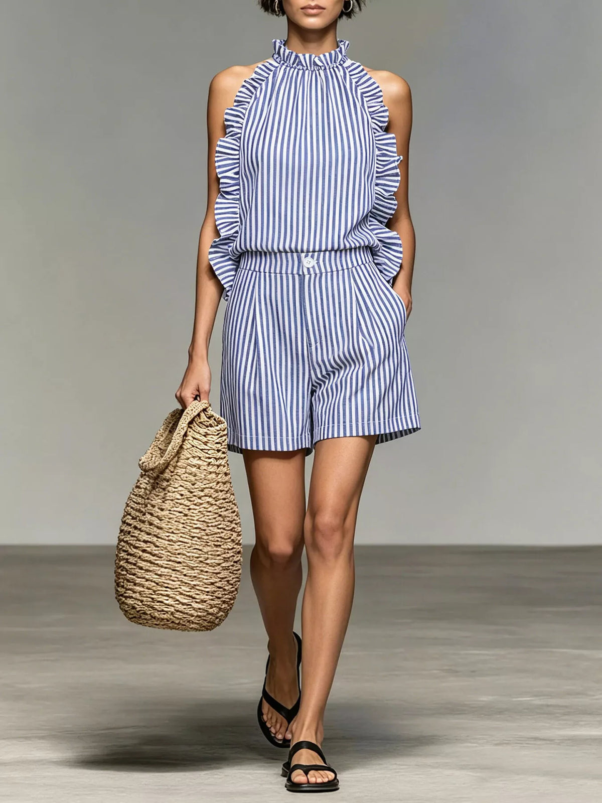 Blue Ruffled Striped Sleeveless Top and Shorts Set full-length front view