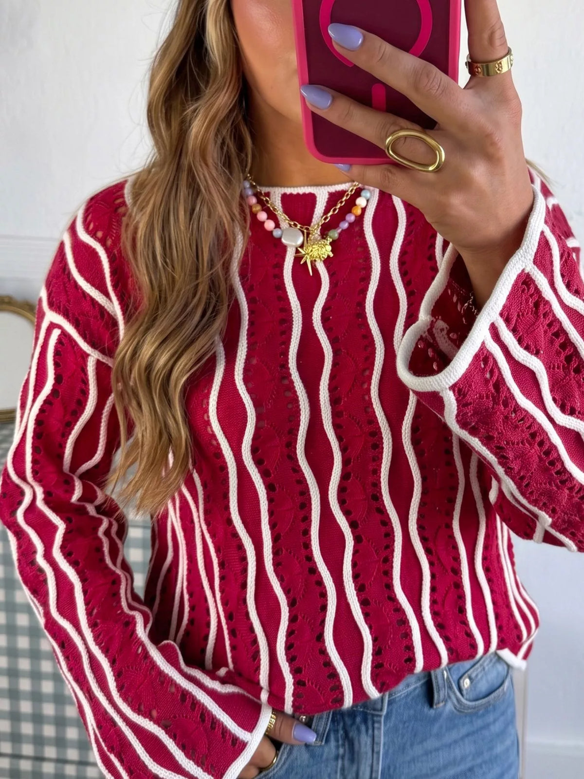 Burgundy wavy openwork long sleeve cotton sweater