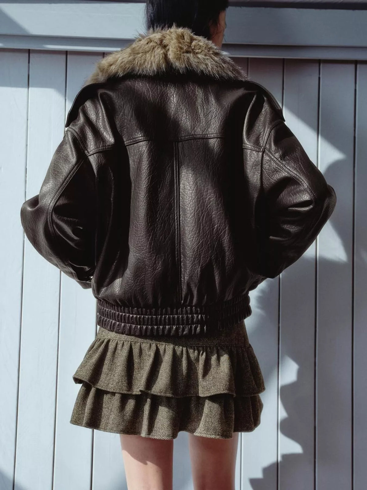 Faux Fur Collar Faux Leather Bomber Jacket in coffee, back view