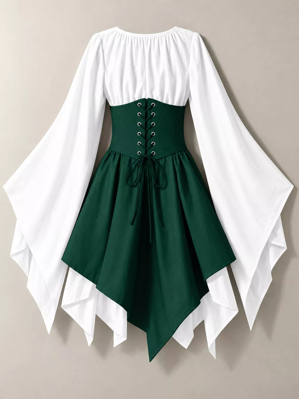 Lace-up asymmetric dress, white green back