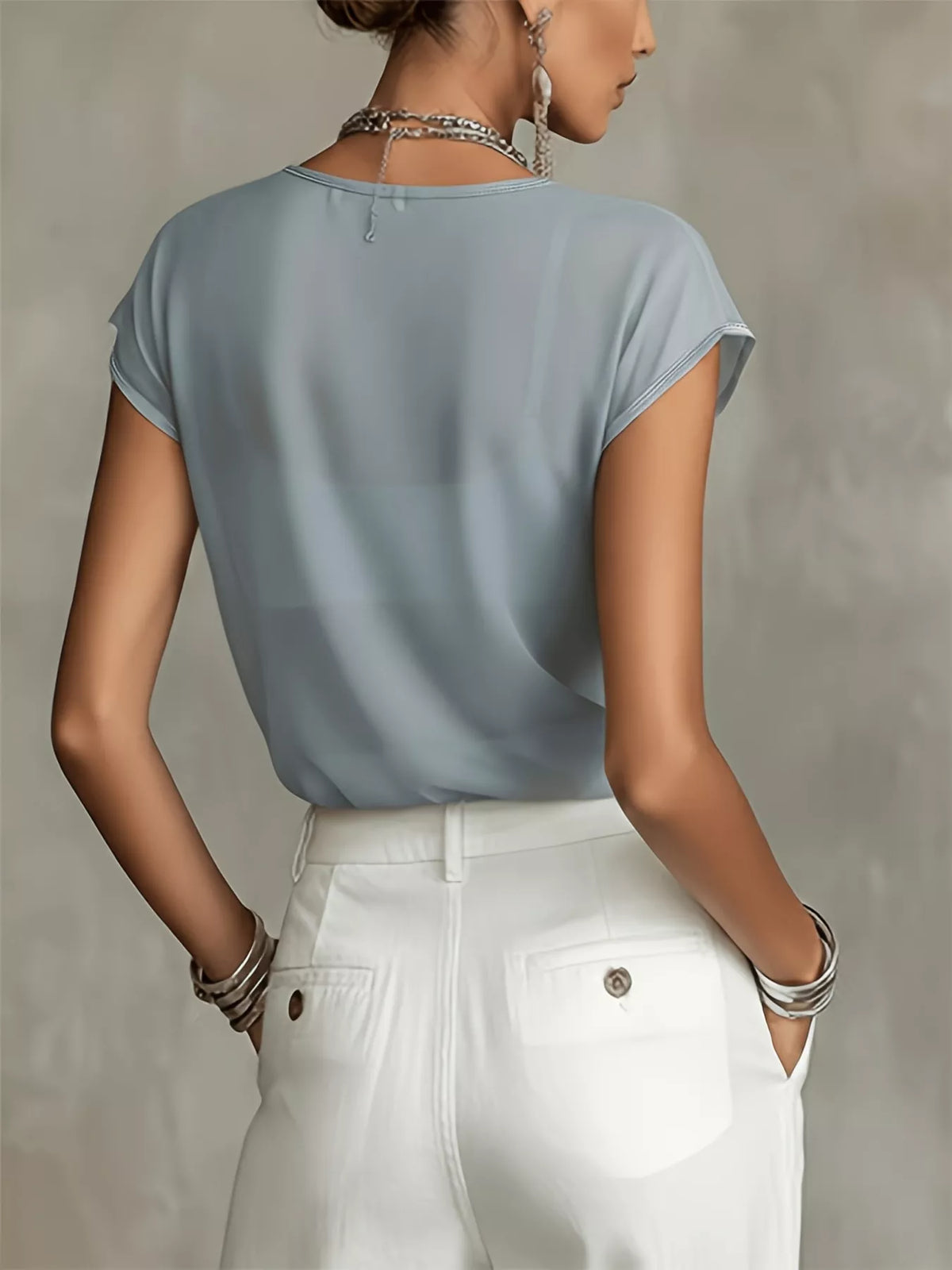 Women's Floral Cap Sleeves Sheer Blouse in Air Force Blue, back view