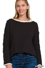 Trendsi Zenana Contrast Trim Cropped Sweater -
