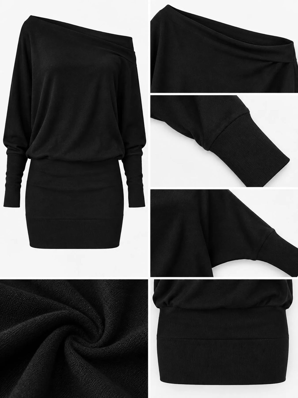 Women's One Shoulder Knit Mini Dress in black — detail collage view