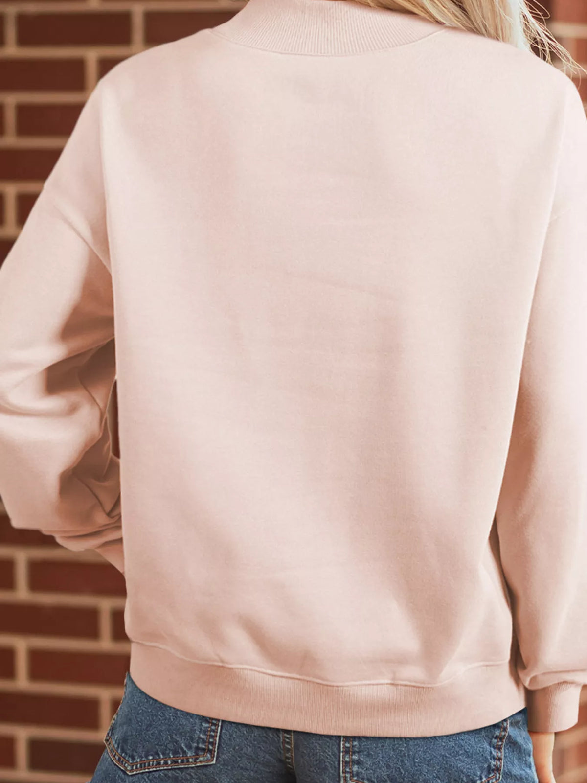 Pink Santa sequin mock neck sweatshirt — back view