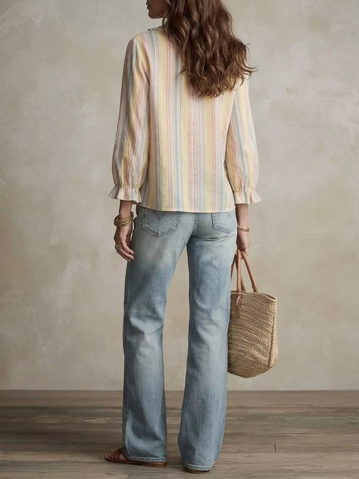 Trendsi Striped Ruffle-Trim V-Neck Blouse -