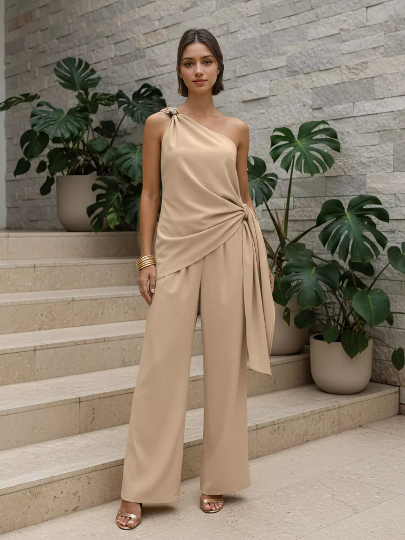 Trendsi One-Shoulder Tie-Waist Top and Wide-Leg Pants Set -