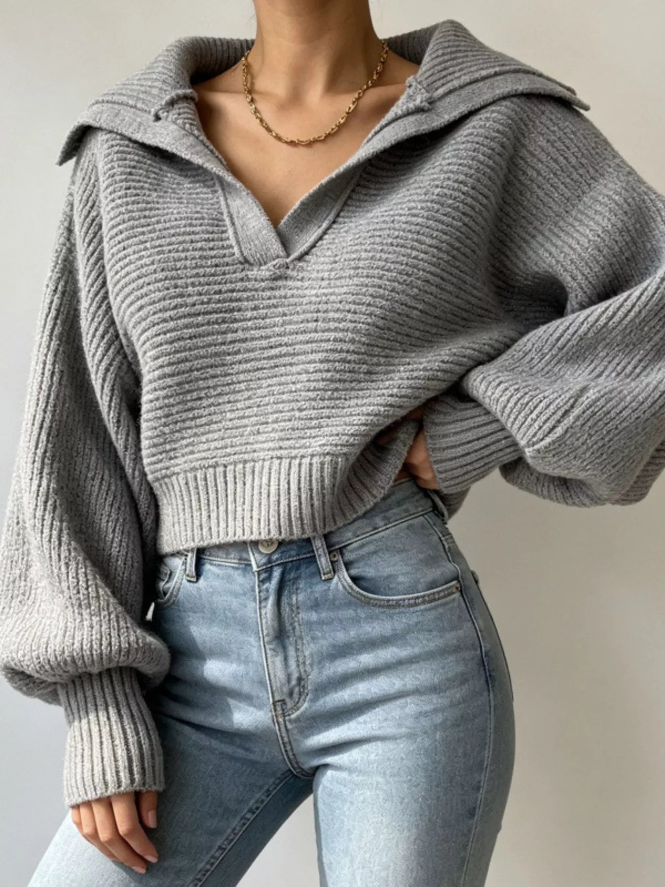 Trendsi Oversized Collar Ribbed Cropped Sweater -