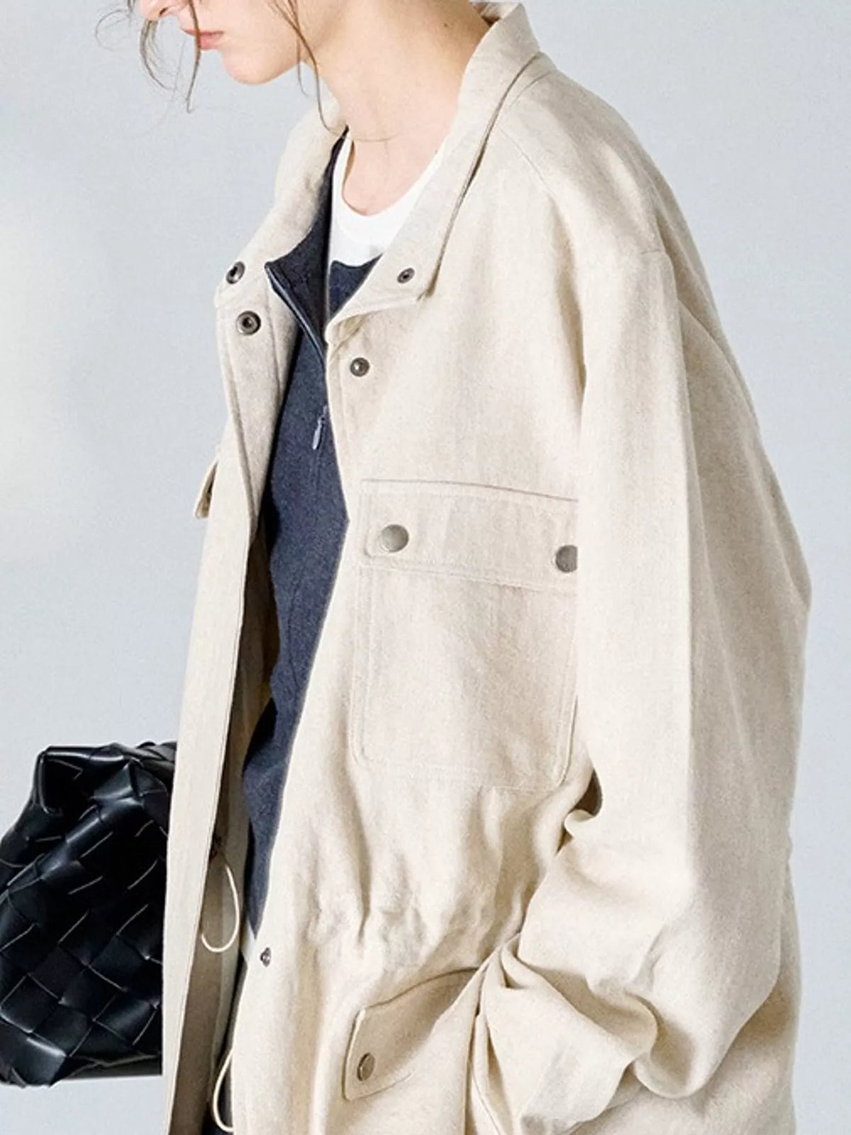 Drawstring utility jacket, ivory side