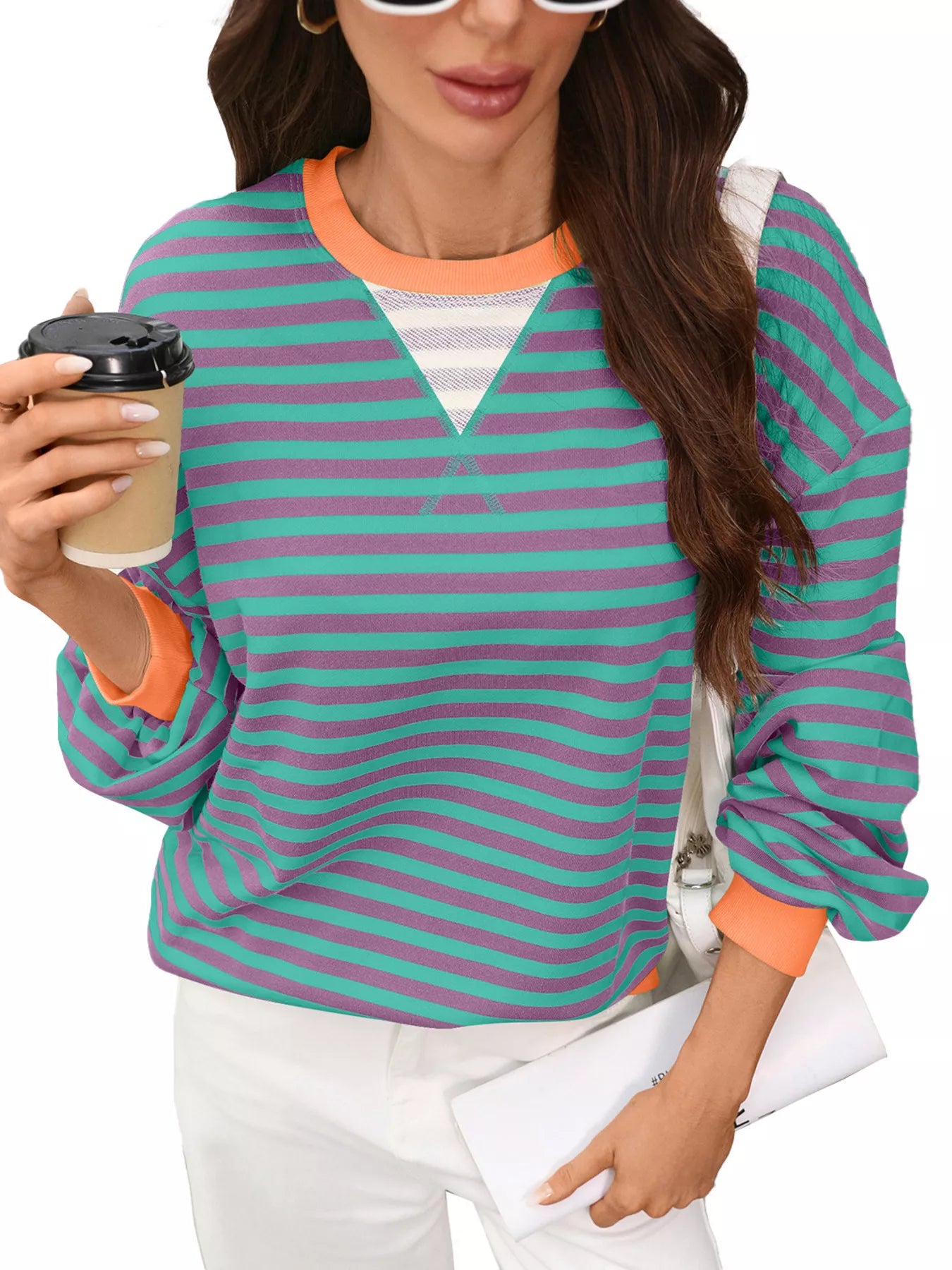Trendsi Contrast Trim Striped Crew Neck Sweatshirt -