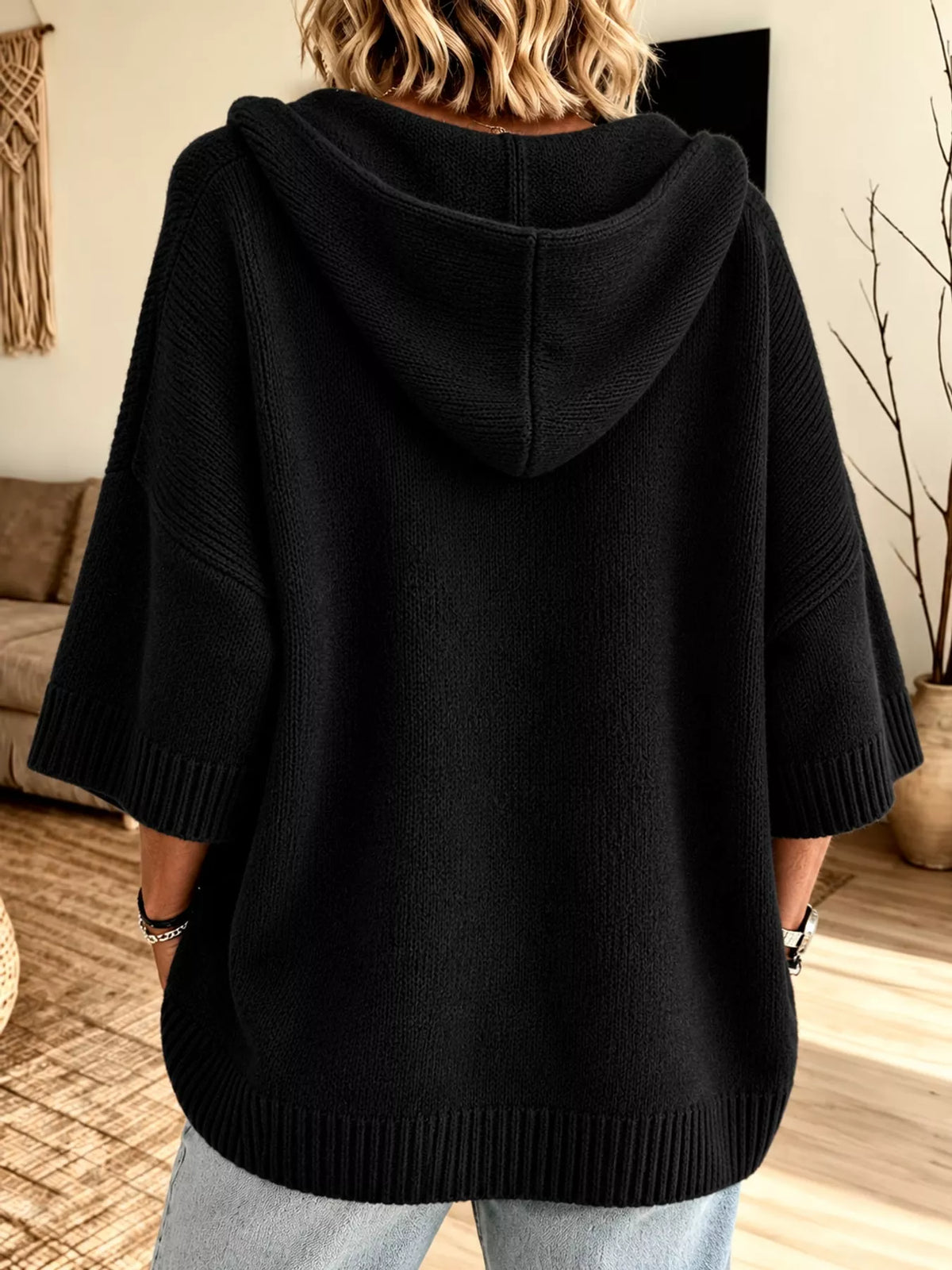 Hooded knit cardigan, black back