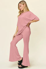 Trendsi Double Take Full Size Round Neck Drop Shoulder T-Shirt and Flare Pants Set - Pants