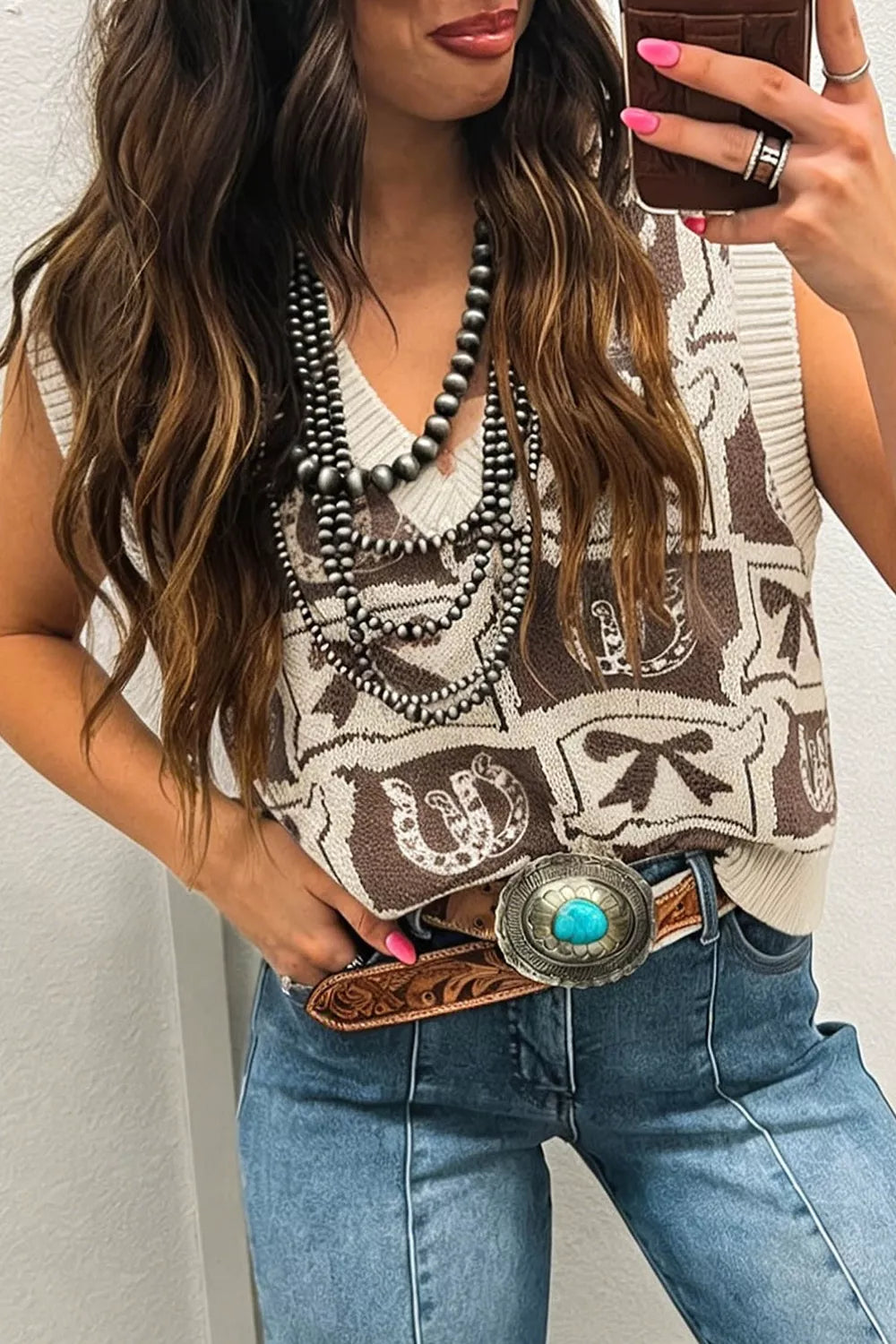 Trendsi Western Horseshoe Bow Pattern Button Front Sleeveless Knit Sweater -