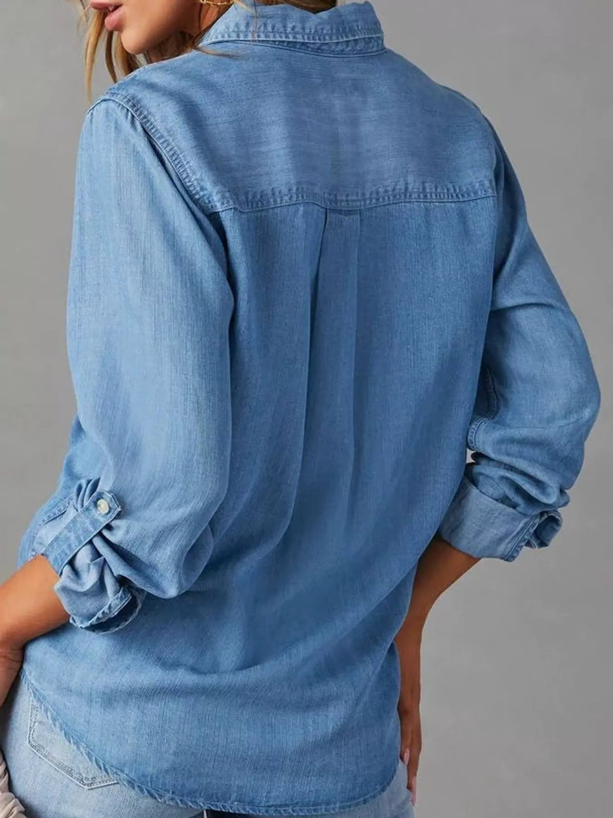 Dark Blue button-down denim shirt, back view