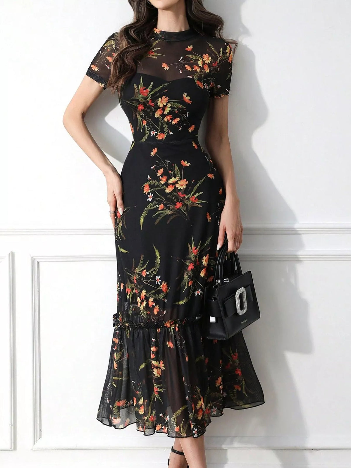 Black floral sheer-overlay midi dress with ruffle hem
