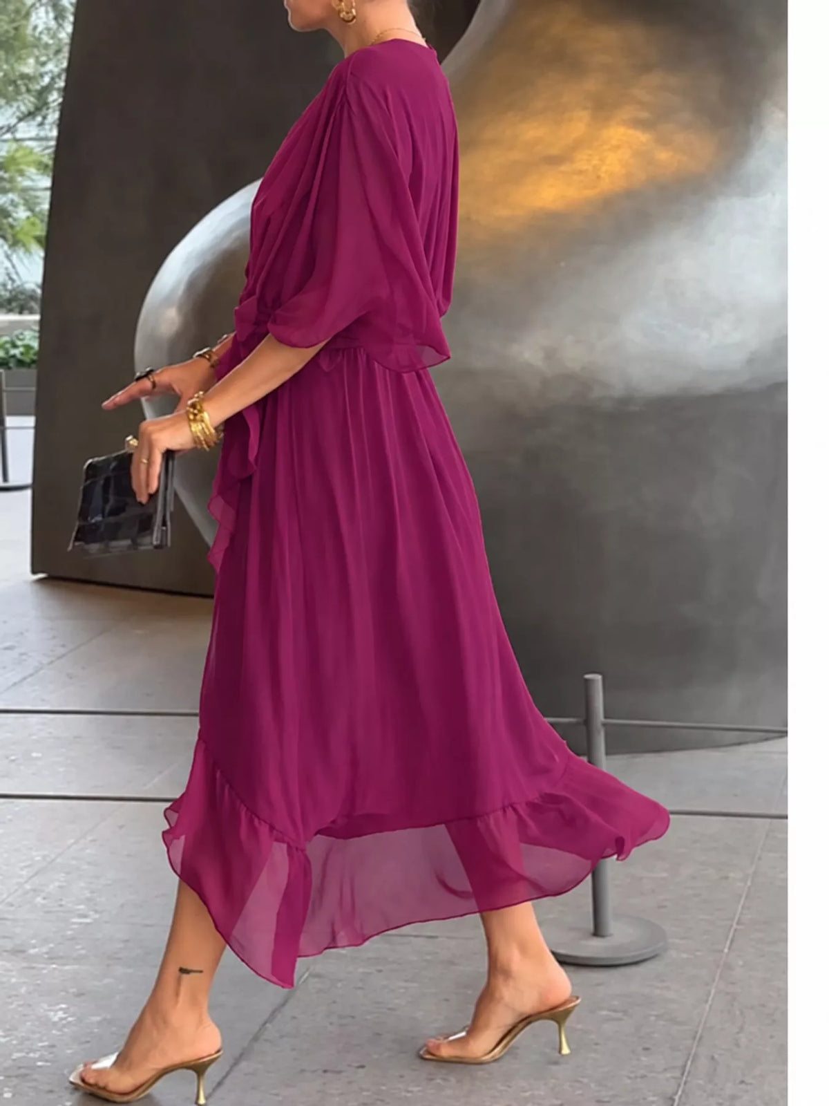 Magenta batwing sleeve wrap dress with waist tie, side view