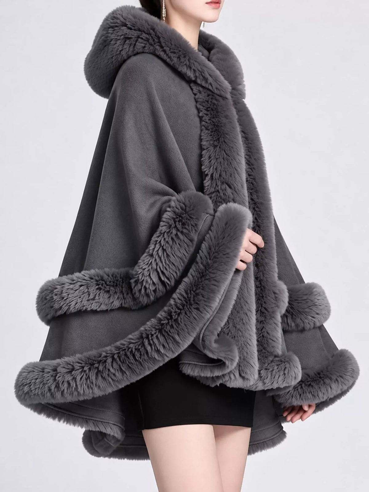 Faux-fur-trim cape, gray side