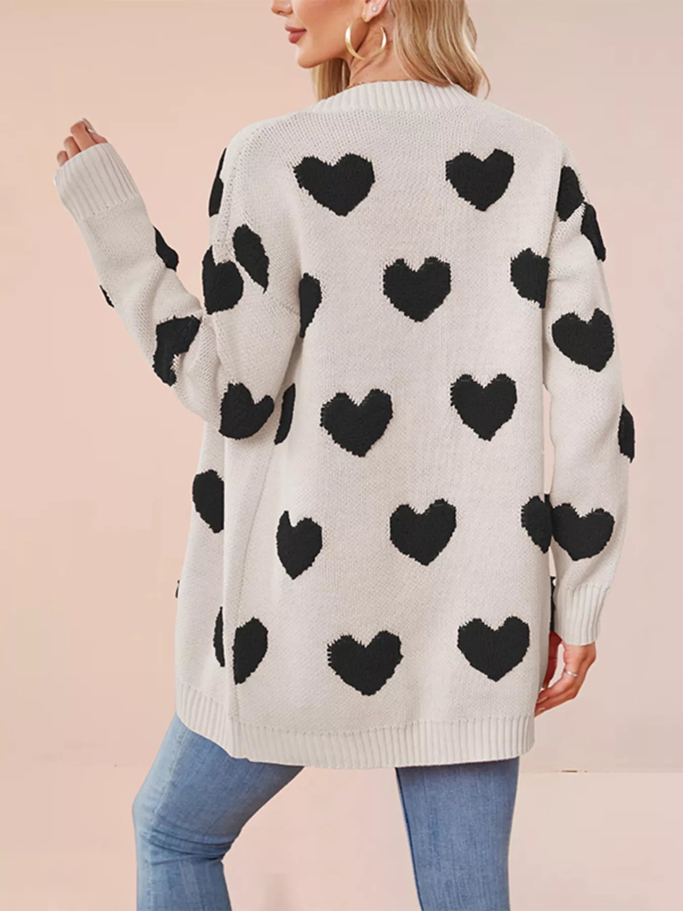 Trendsi Heart Pattern V-Neck Button-Down Knit Cardigan -