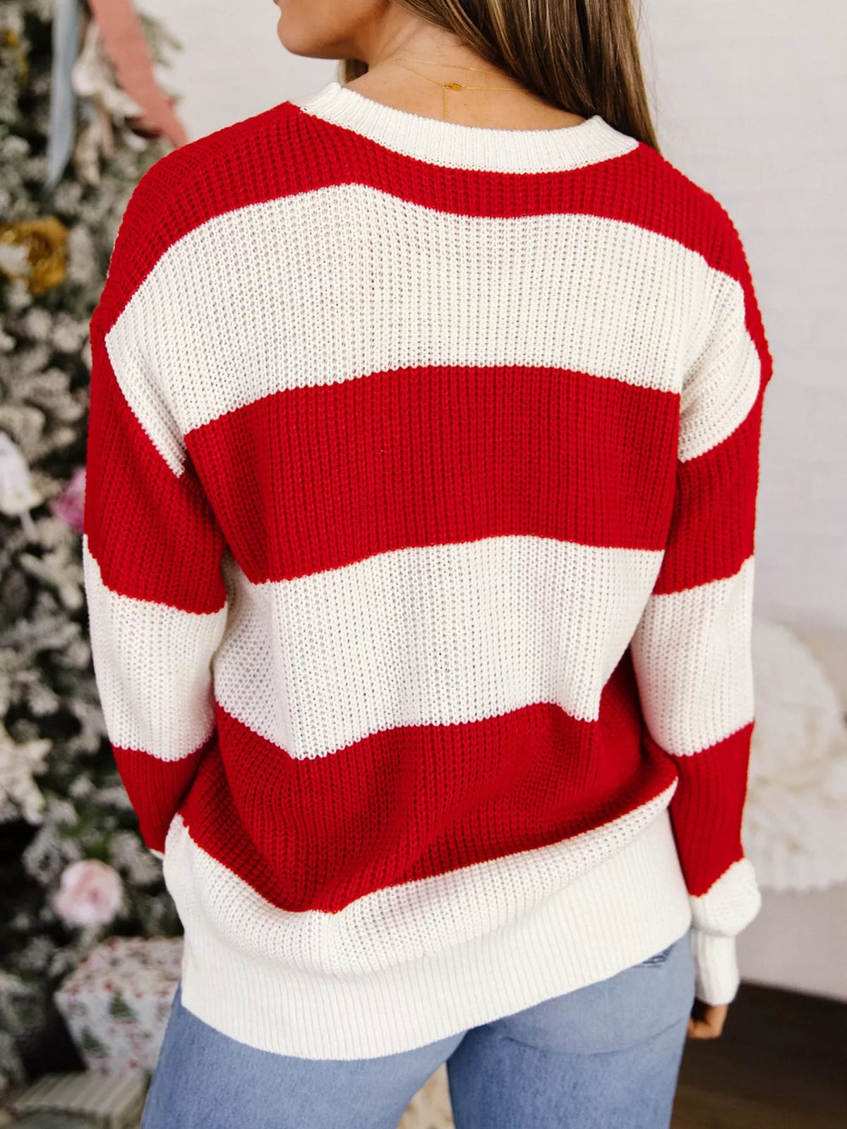 MERRY Striped Christmas Sweater in scarlet, back view