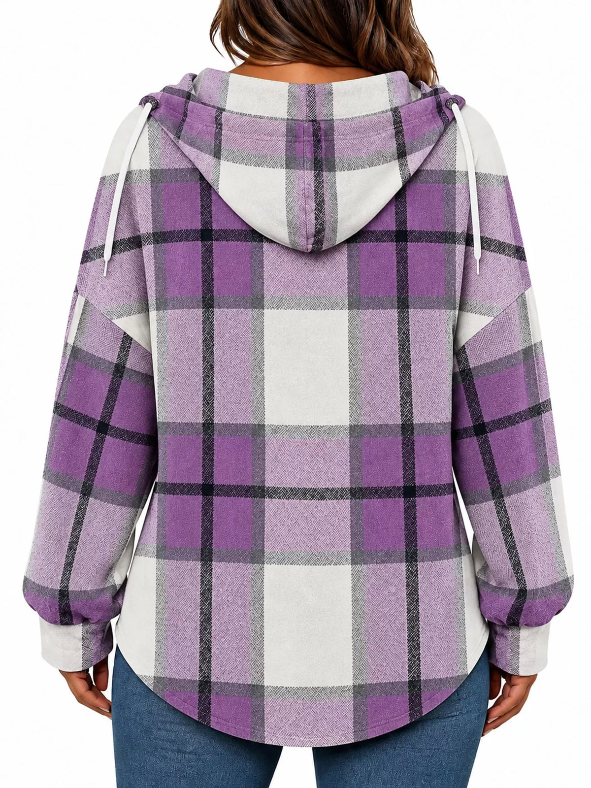 Pink plaid long sleeve hoodie with drawstring, back view