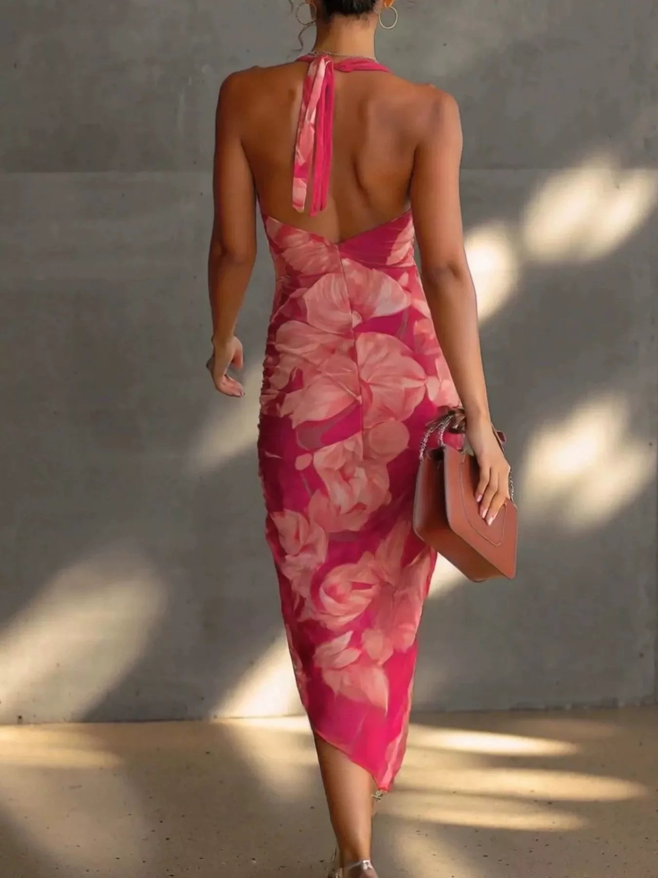 Floral halter-neck ruched midi dress