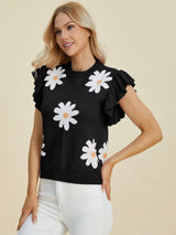 Trendsi Double Take Full Size Ruffled Flower Round Neck Cap Sleeve Sweater -