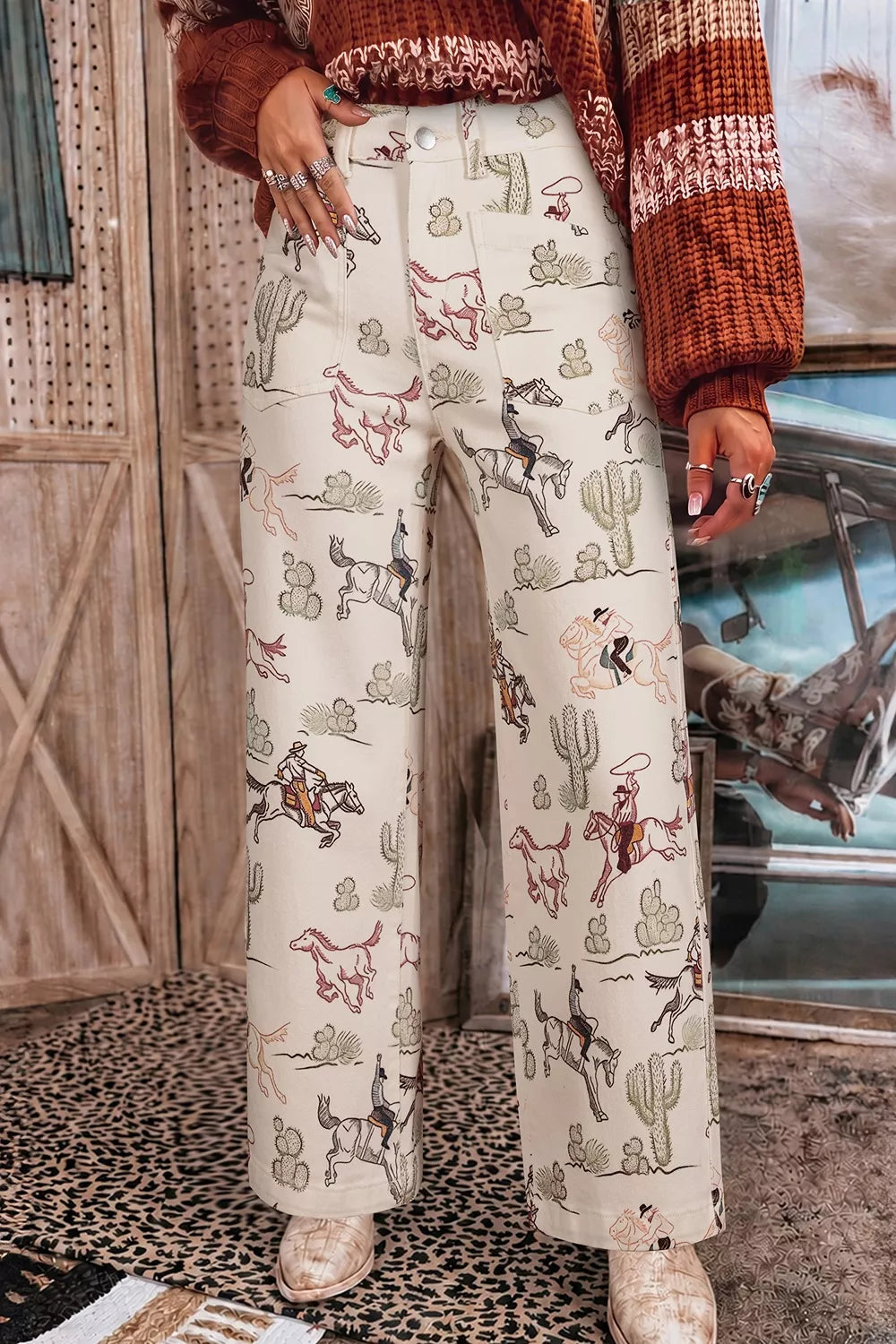 Western Print Straight-Leg Ankle Jeans in beige, front view