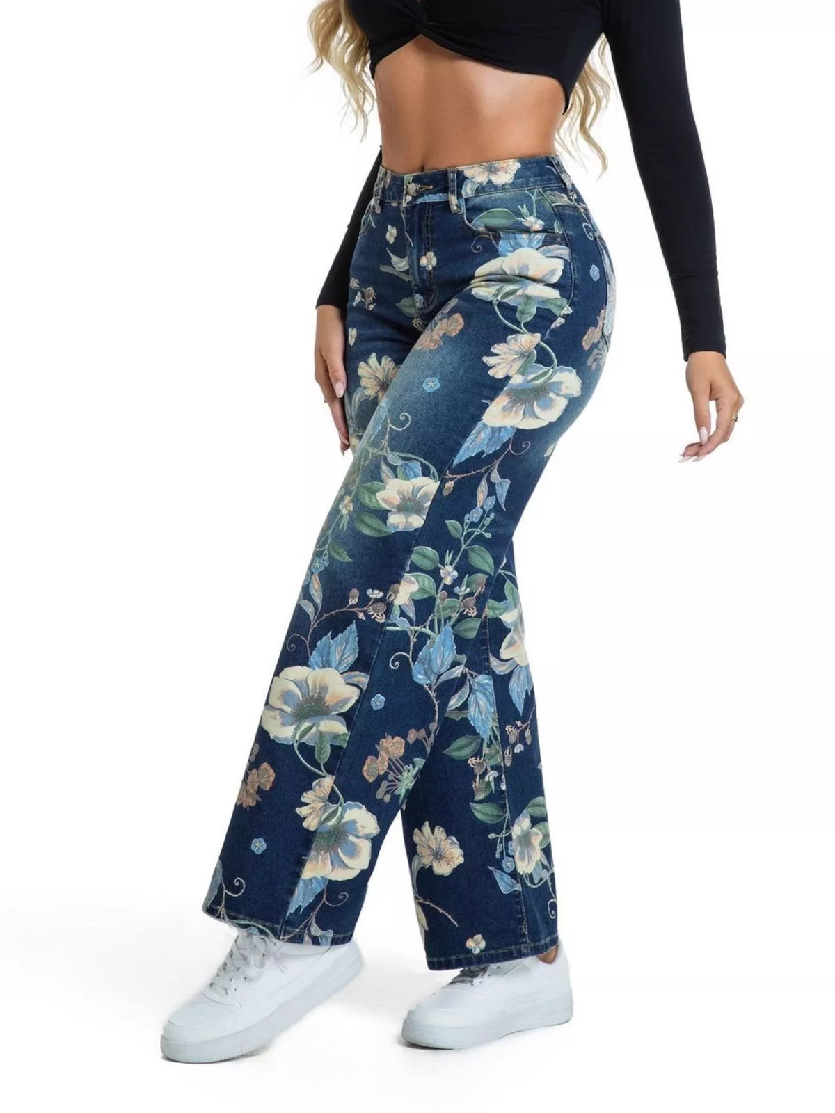 High-Waisted Floral Print Wide-Leg Jeans, side view