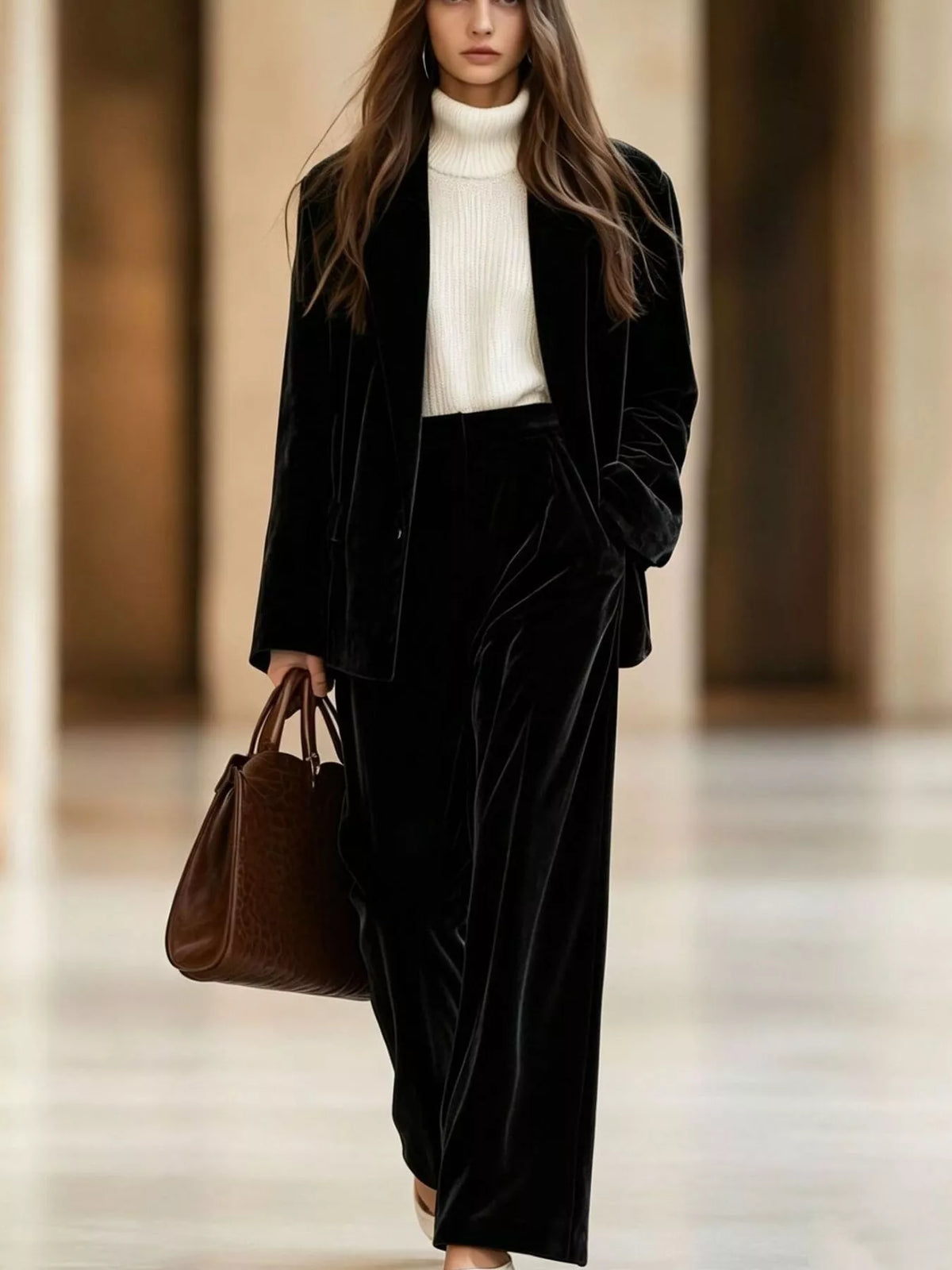 Black velvet blazer and wide-leg pants set, full front view