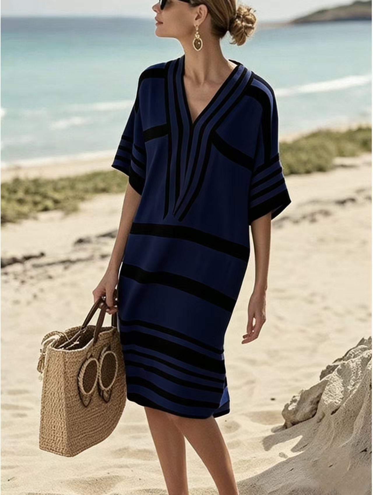 Trendsi Full Size Striped Half Sleeve Midi Dress Plus Size -