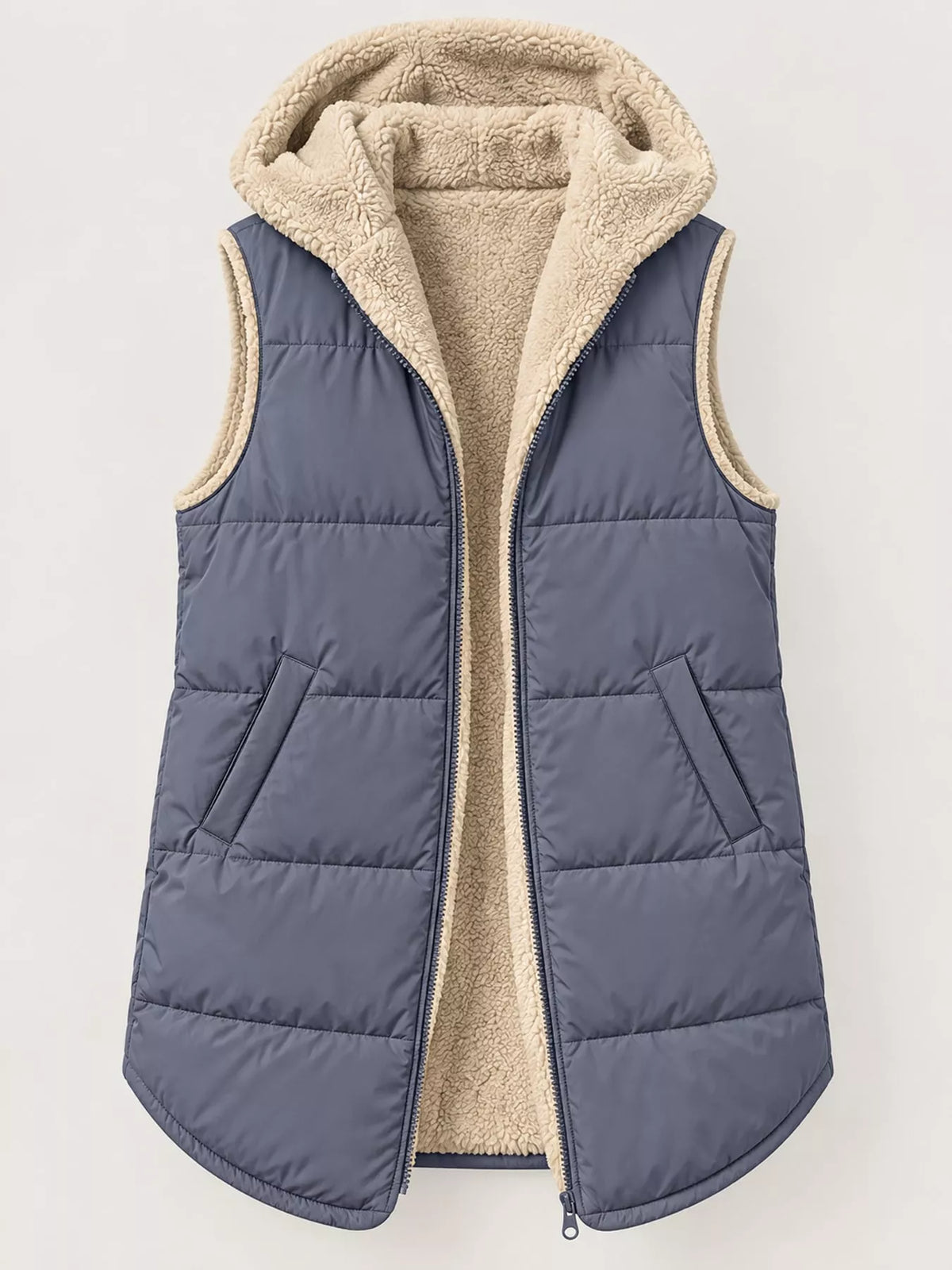Blue-gray hooded sherpa-lined puffer vest, product view