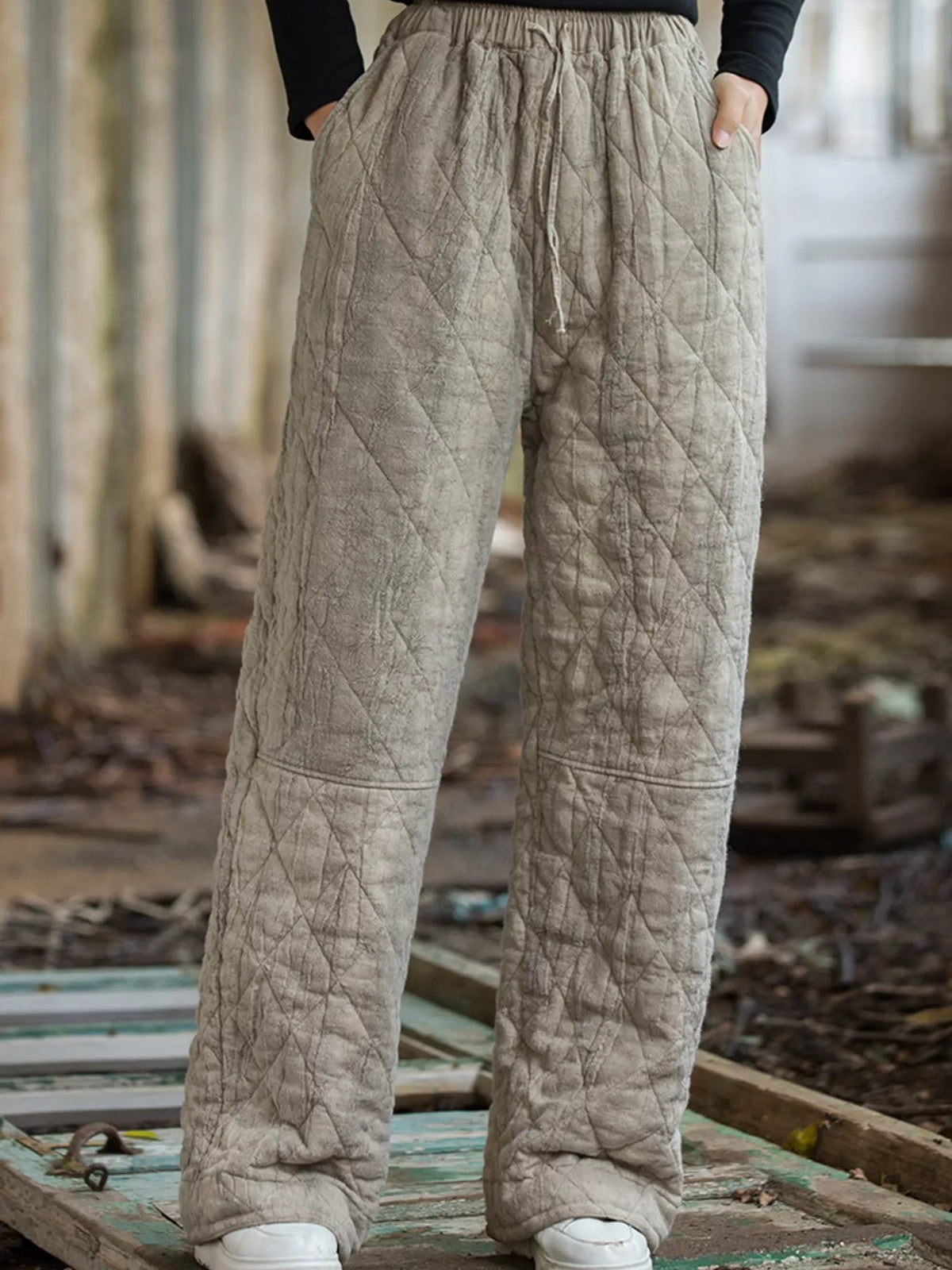 Beige quilted wide-leg pants