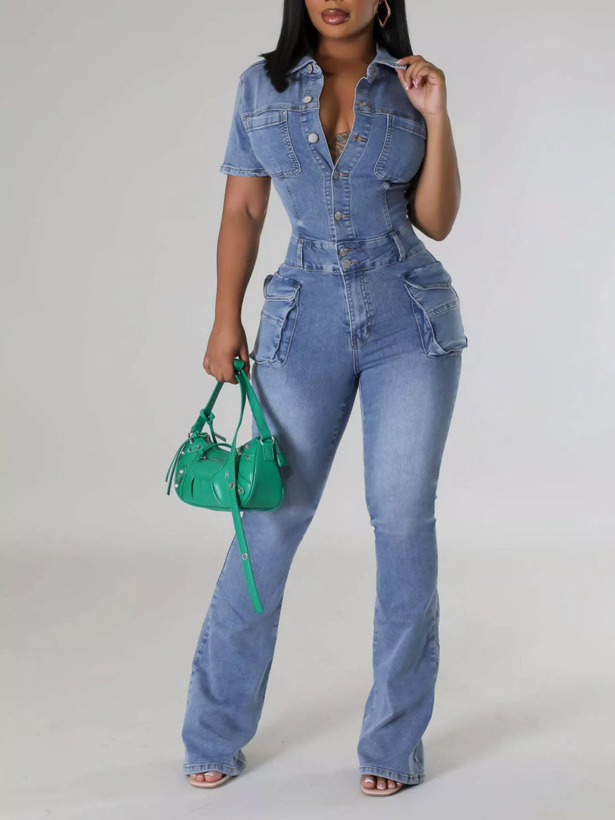 Blue flared denim cargo jumpsuit