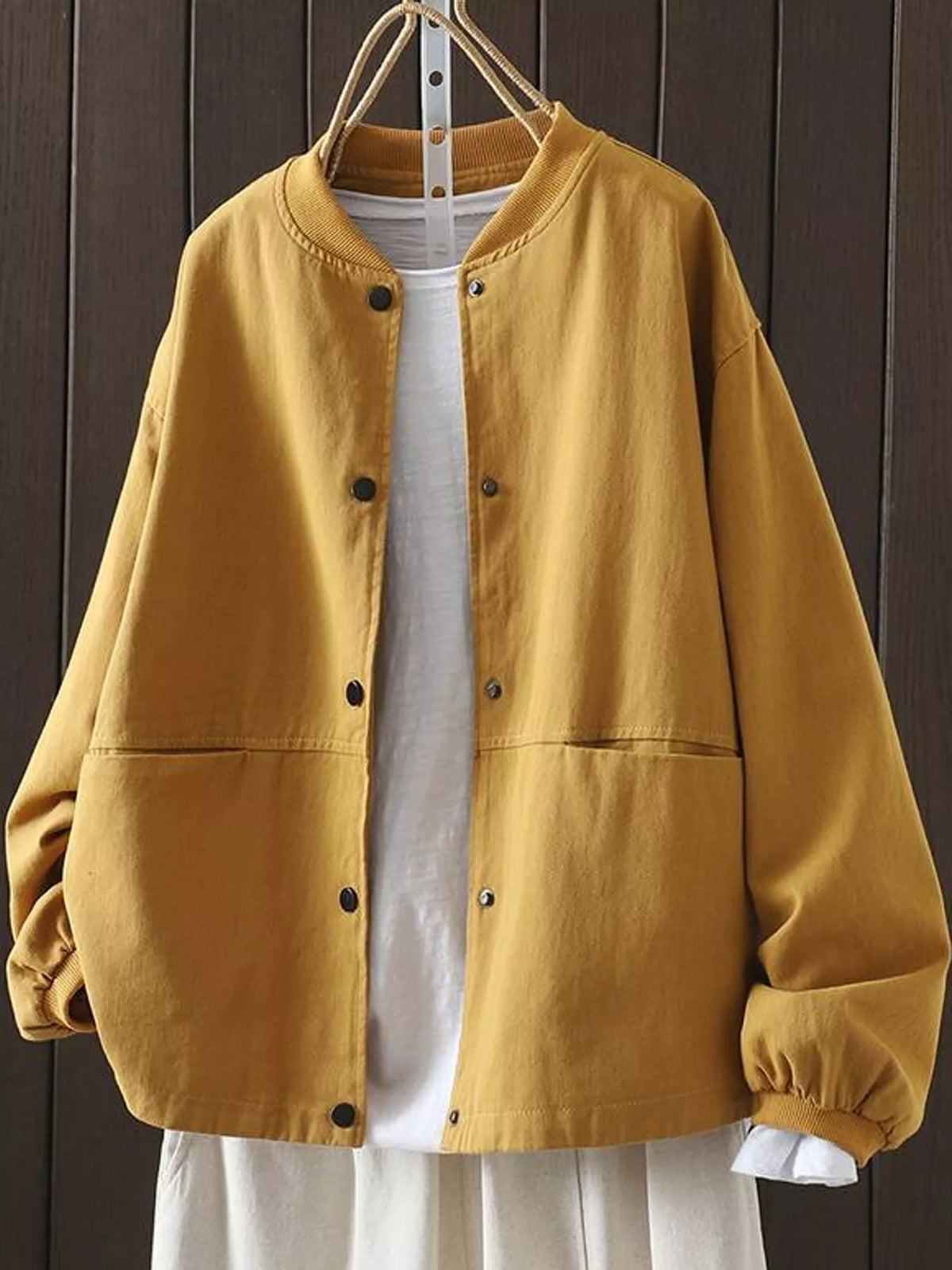 Yellow snap front dropped shoulder jacket, front view