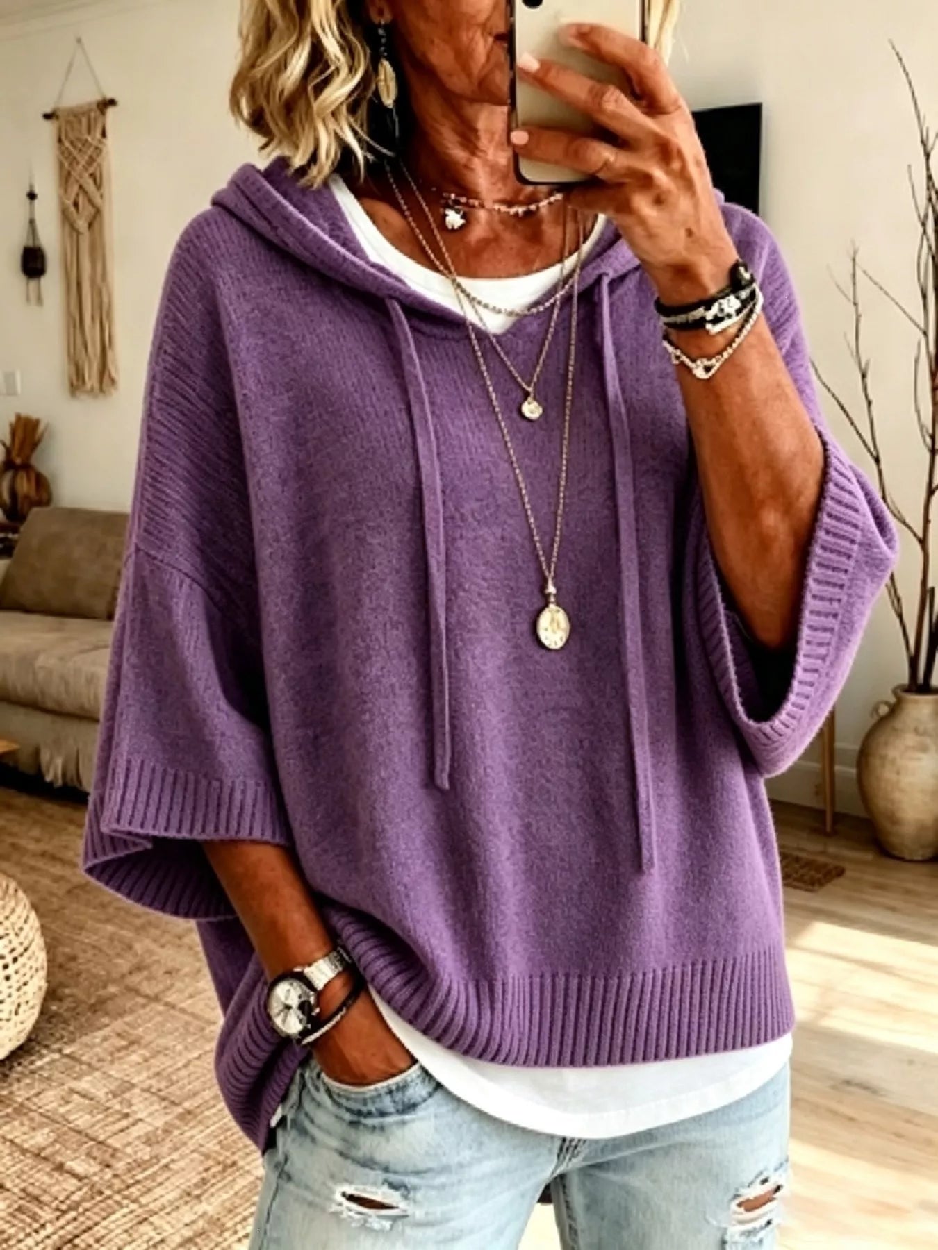Trendsi Full Size Casual Hooded Batwing Sleeve Knit Sweater Plus Size -