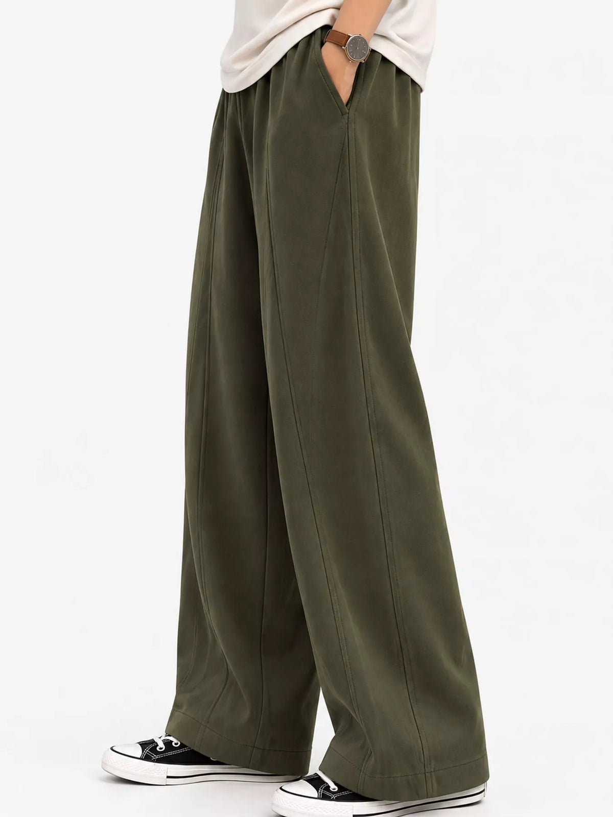 Army green wide leg casual pants, side view