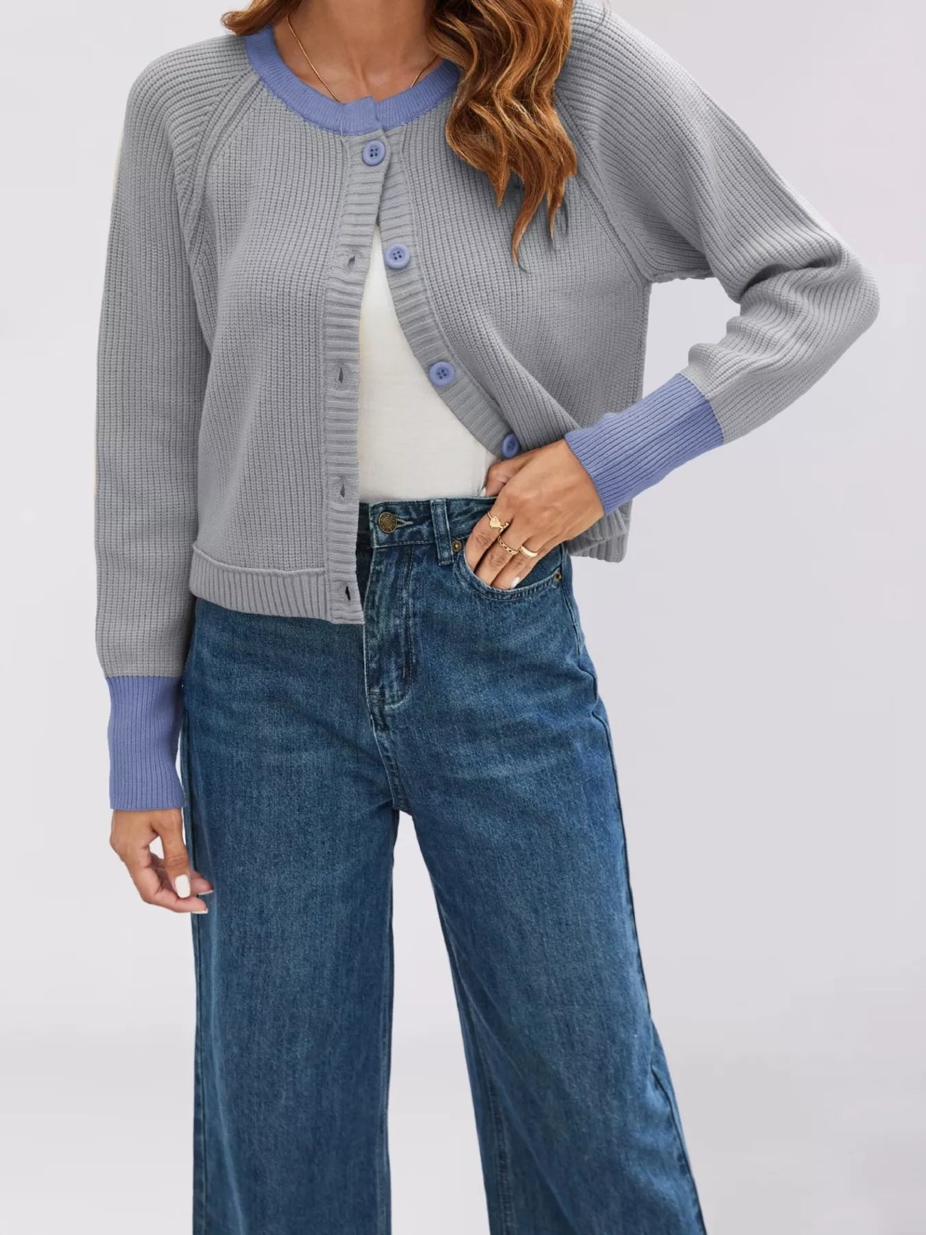 Trendsi Color Block Ribbed Knit Button-Front Cardigan -