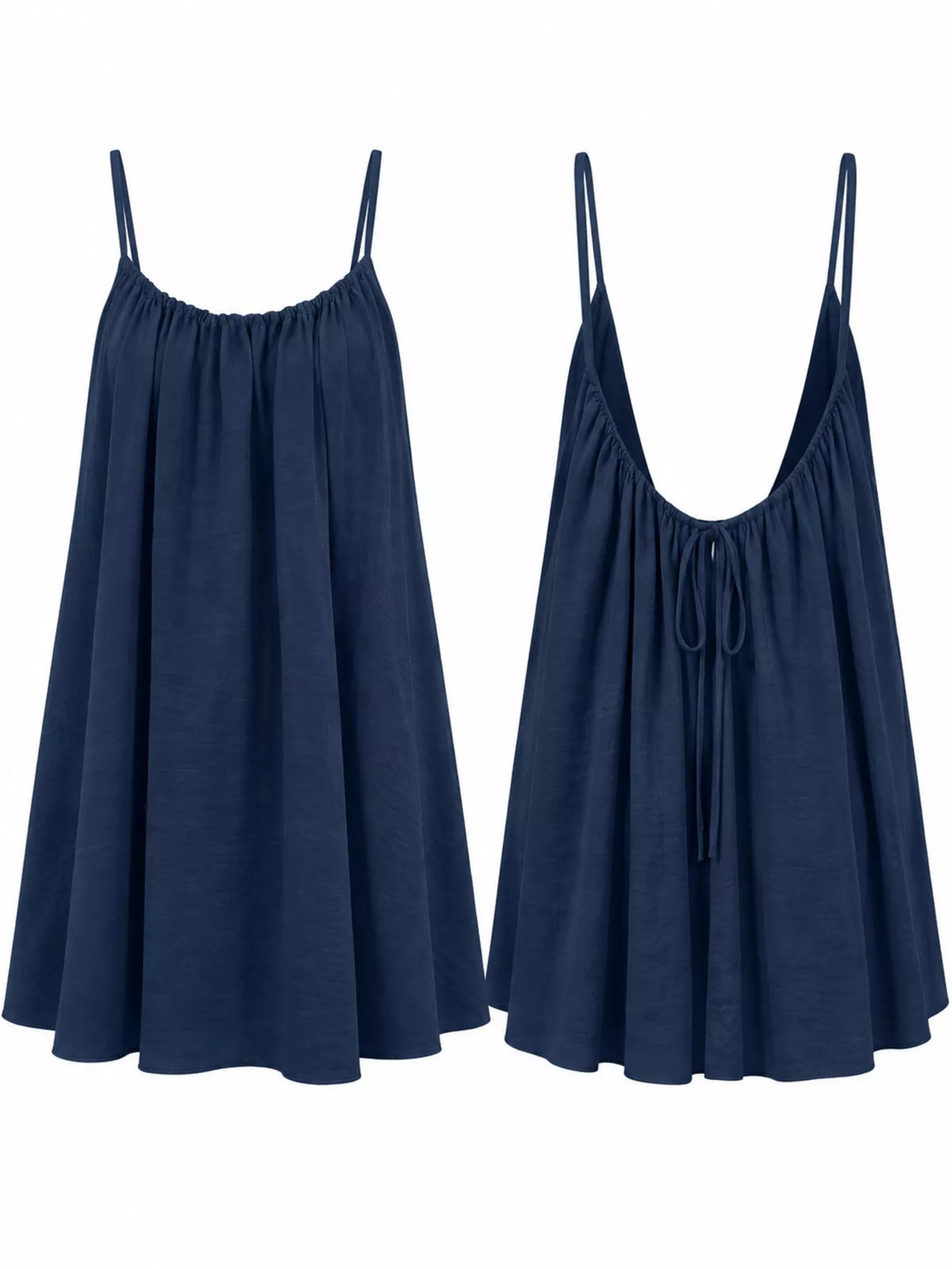 Navy spaghetti strap A-line mini dress with open tie back, front, back and construction details