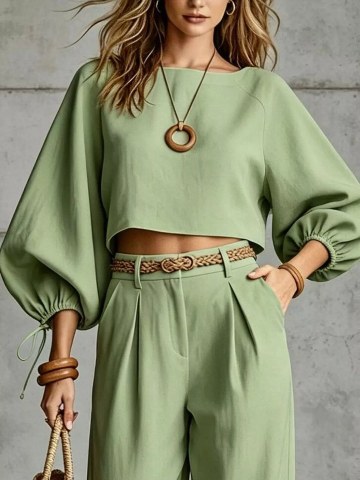 Cropped blouse and pants set, green top detail