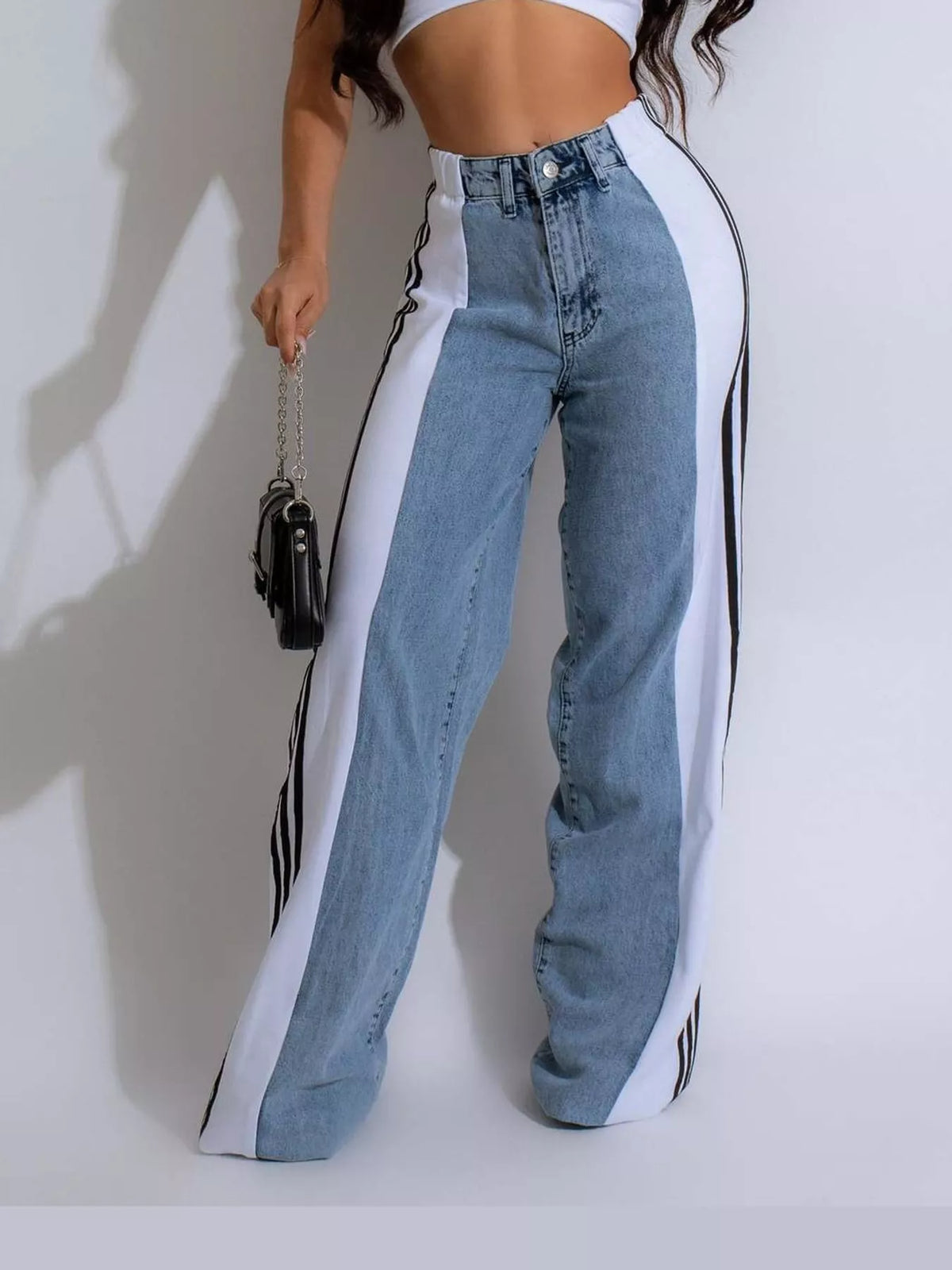 White high-waisted wide-leg jeans with side stripe detail