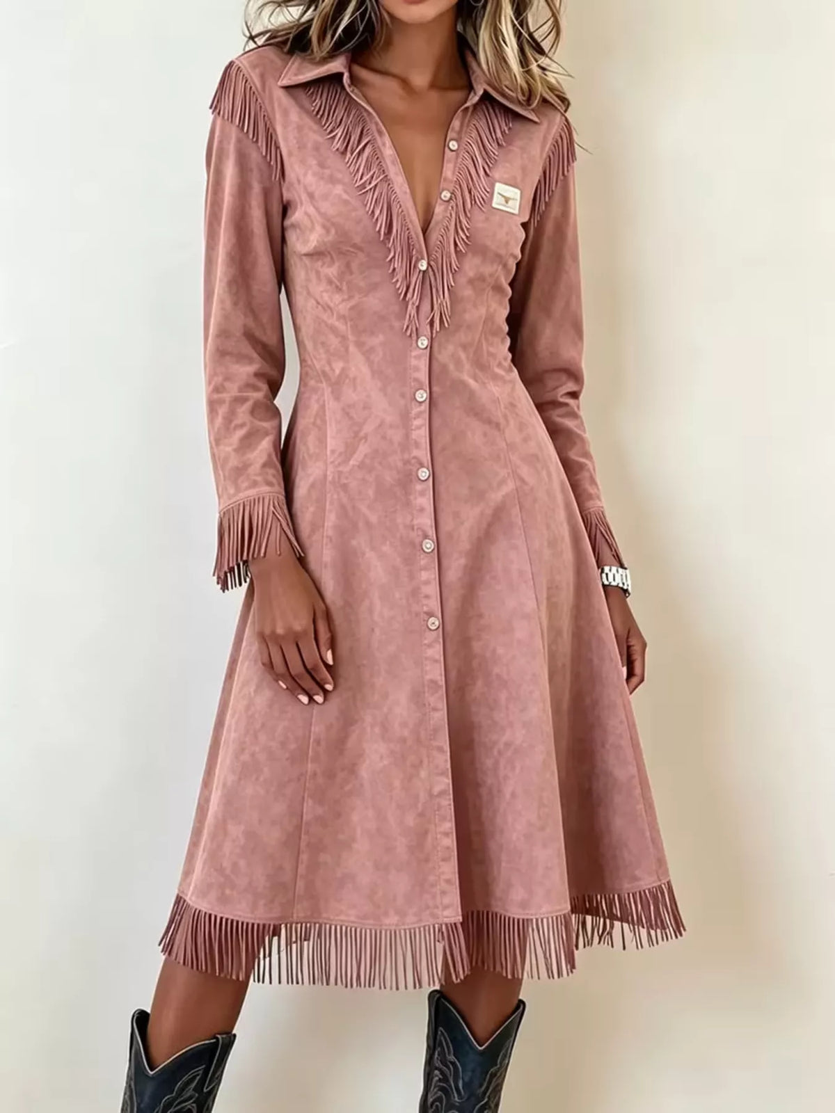 Long Fringe Button-Front Jacket in pink, front view