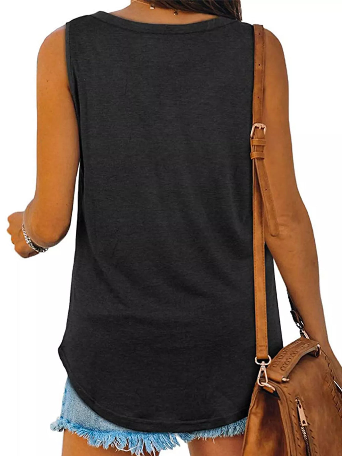 Black v-neck loose fit tank top, back view