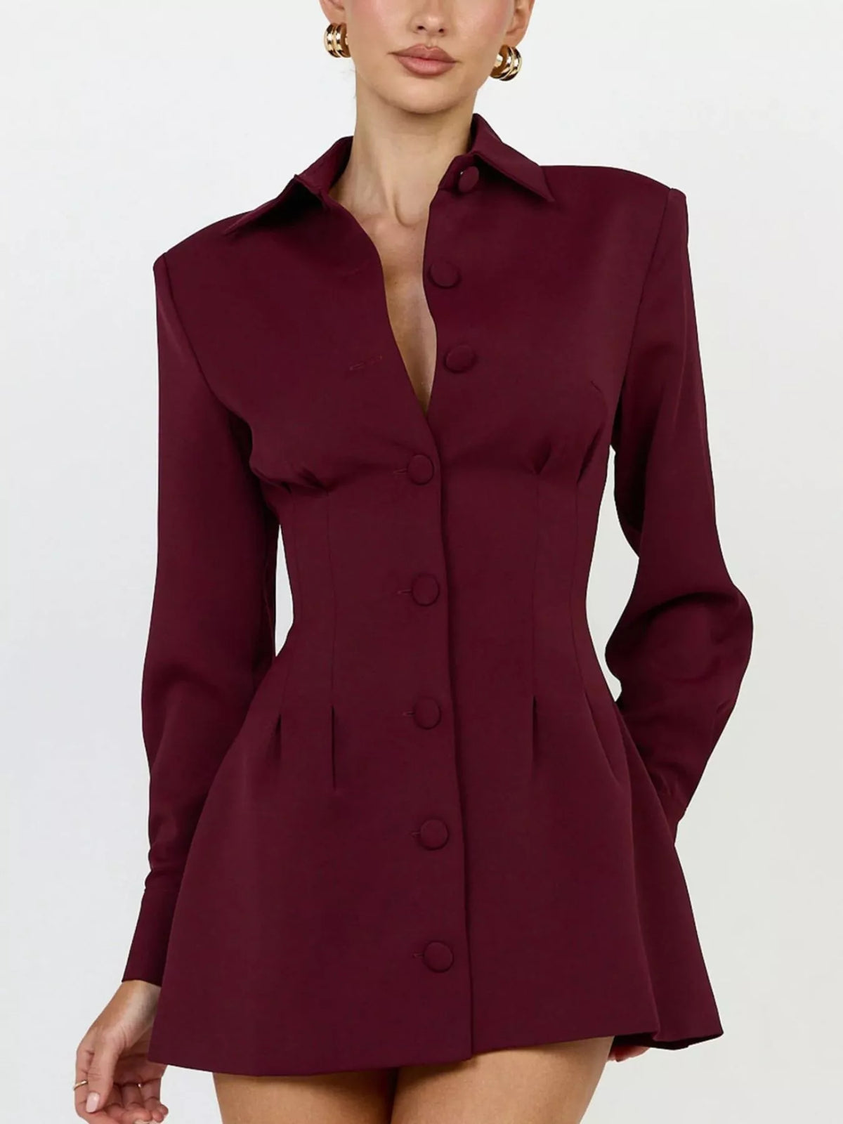 Corset-style mini blazer dress — burgundy bodice close-up view.
