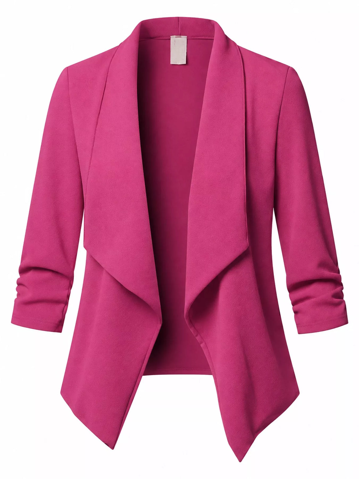 Pink open-front blazer with ruched 3/4 sleeves