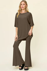 Trendsi Double Take Full Size Round Neck Drop Shoulder T-Shirt and Flare Pants Set - Pants