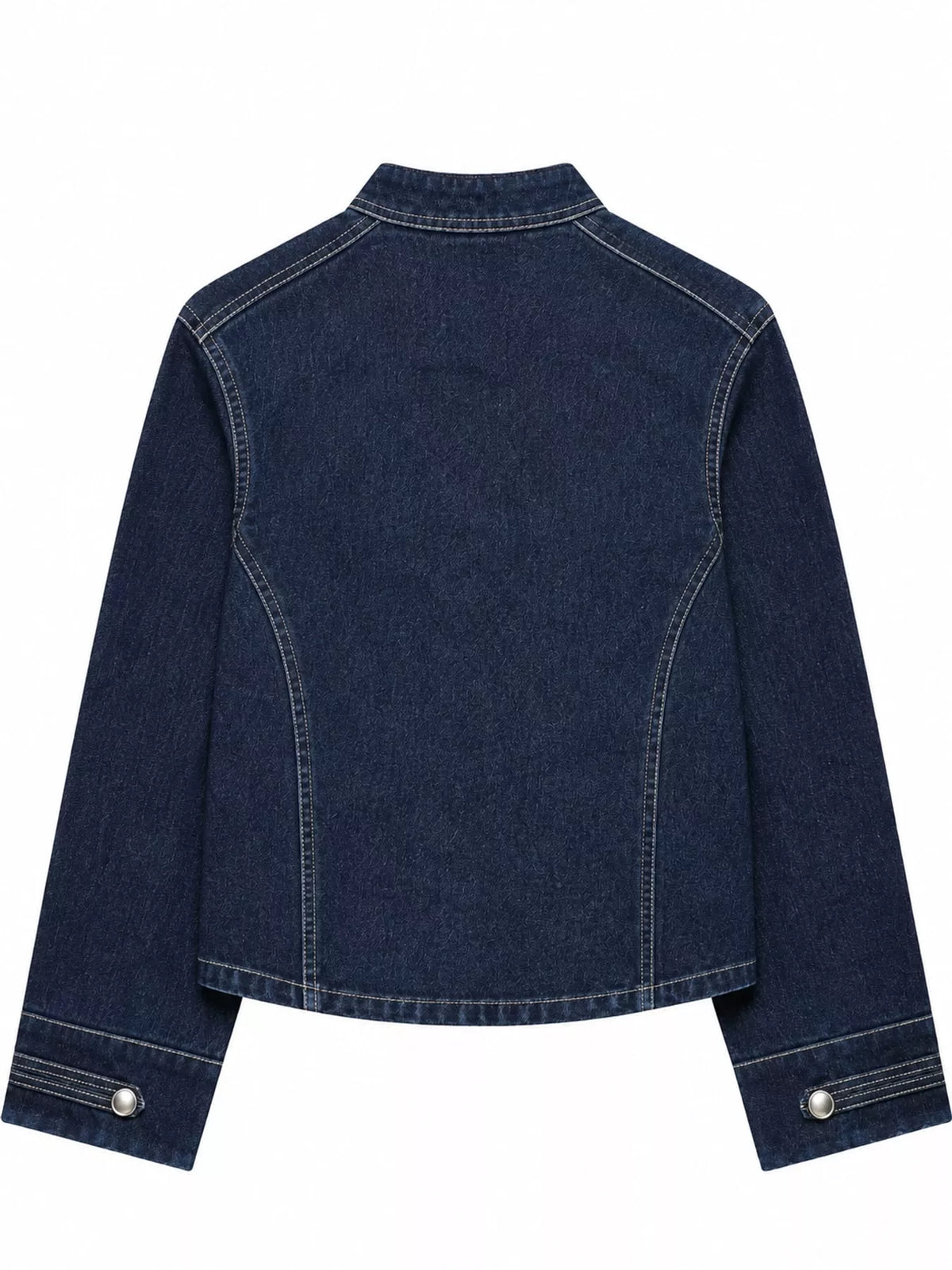 Dark Blue decorative button cropped denim jacket, back view