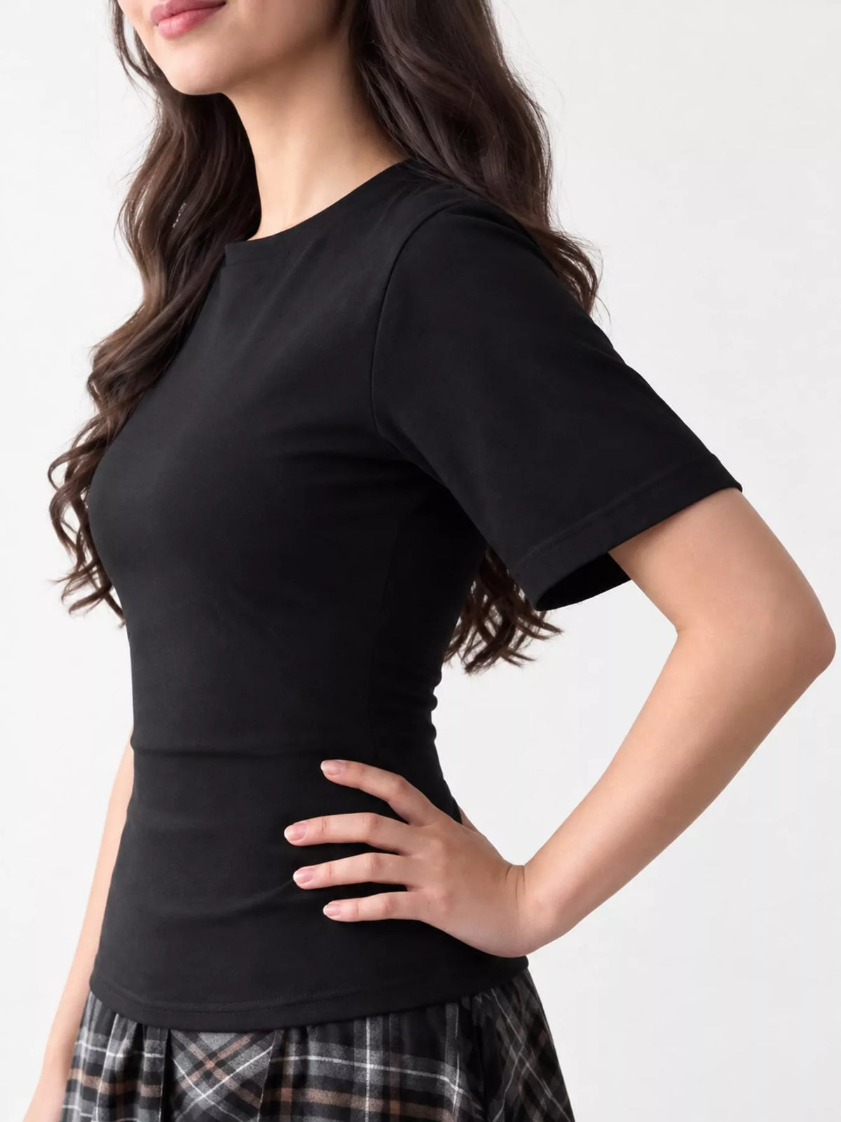 Black tie back round neck short sleeve t shirt, side view